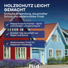 Ein blaues und ein rotes Holzhaus mit weißer Umrandung unter einem blauen Himmel. Textüberlagerungen werben für plid Wetterschutz Holzfarbe - deckend & wetterfest für innen & außen, die eine einfache Anwendung, Wetterschutz und eine seidenmatte Oberfläche bietet. Das plid-Logo befindet sich an der Unterseite.