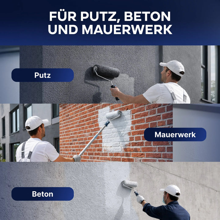 Ein Mann in weißer Arbeitskleidung trägt mit einer Rolle plid Fassadenfarbe wetterfest &amp; diffusionsoffen für Außenwände auf Putz, Ziegelmauerwerk und Beton auf und zeigt damit einen wirksamen Wetterschutz für jede Außenfläche.