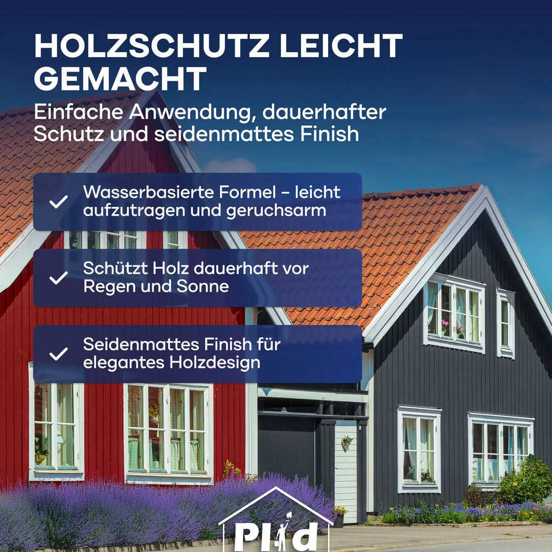 Ein schwarzes und ein rotes Holzhaus mit weißen Fenstern stehen unter einem klaren blauen Himmel. Plid Wetterschutz Holzfarbe von plid: leicht zu verarbeiten, auf Wasserbasis, seidenmatt, langanhaltend wetterbeständig, geruchsarm - für innen und außen.