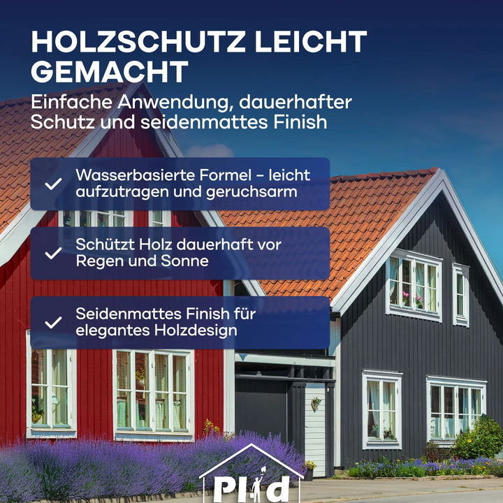 Ein schwarzes und ein rotes Holzhaus mit weißen Fenstern stehen unter einem klaren blauen Himmel. Plid Wetterschutz Holzfarbe von plid: leicht zu verarbeiten, auf Wasserbasis, seidenmatt, langanhaltend wetterbeständig, geruchsarm - für innen und außen.