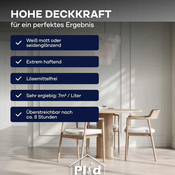 Moderner Essbereich mit hellen Holzmöbeln und weißer Wand, gestrichen mit plid Latexfarbe scheuerbeständig &amp; hochdeckend innen: hohe Deckkraft, scheuerbeständig, matt/seidenglänzend, extrem haftend, lösemittelfrei und nach 8 Std. überstreichbar.
