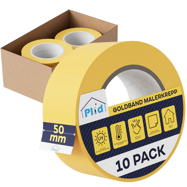 Eine Schachtel Plid Goldband Malerkrepp Abdeckbänder von PLID Shop für knackige Farbkanten. Die vordere Rolle zeigt ein 50-mm-Etikett, 10er-Packung, sowie Symbole für UV-Beständigkeit, Temperaturstabilität und Innenanwendung.