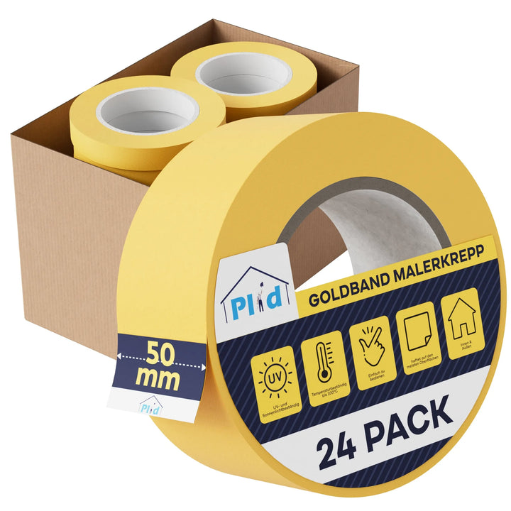 Eine Nahaufnahme von Plid Goldband Malerkrepp von PLID Shop, Premium Abklebeband für exakte Farbkanten &amp; saubere Linien. Die 24er Packung (50 mm Rollen) wird mit offener Schachtel gezeigt; das Etikett hebt die UV-Beständigkeit und Temperatursymbole hervor.