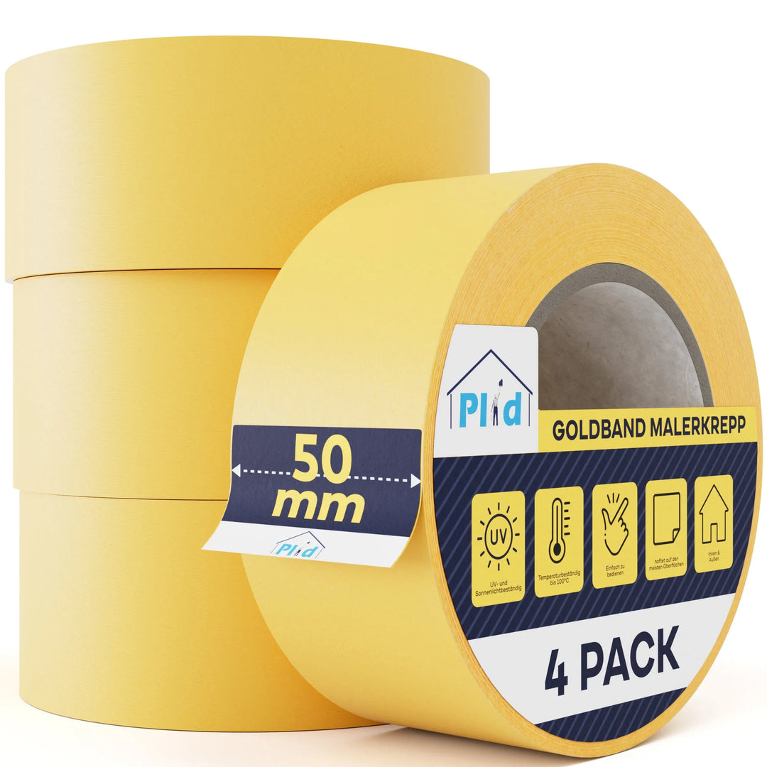 Vier Rollen Plid Goldband Malerkrepp aus dem PLID Shop sind abgebildet, wobei eine mit 50 mm beschriftet ist und 4 Pack-Premium Abklebeband für die Erstellung präziser Farbkanten und sauberer Linien.