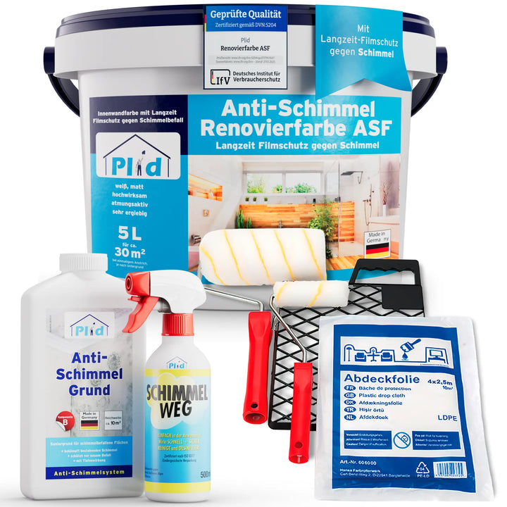 Das plid Anti-Schimmel Renovierfarbe Langzeit-Filmschutz Set für Feuchträume enthält 5L Wandfarbe, Anti-Schimmel Grundierung, Schimmel Weg Spray, Rolle mit Ablage und Kunststofftuch. Hergestellt in Deutschland, zertifiziert nach DVN:5204.