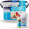 Das plid Anti-Schimmel Renovierfarbe Langzeit-Filmschutz Set besteht aus einem 5L Eimer, einer Sprühflasche und einer kleinen Flasche - alle mit deutschen Etiketten für langfristigen Schimmelschutz.