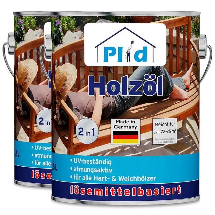 Zwei Metalldosen von plid Holzöl natürlich &amp; pflegend für Holz innen &amp; außen, ideal für die Gartenmöbel Pflege, zeigen eine Frau, die sich auf einem Holzstuhl ausruht. Auf dem Etikett stehen UV-Beständigkeit, Verwendung auf allen Hölzern und deutsche Qualität.
