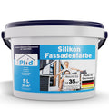 Ein weißer 5L "plid Silikon-Fassadenfarbe wasserabweisend & atmungsaktiv" Eimer zeigt ein lächelndes Paar vor einem Haus. Das Etikett hebt Wetterschutz und Abperleffekt hervor, umfasst 35 m², ist in Deutschland hergestellt und zeigt die deutsche Flagge.