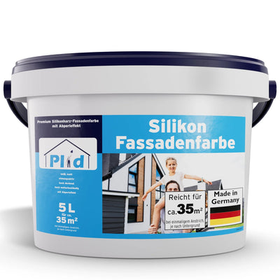 Ein weißer 5L "plid Silikon-Fassadenfarbe wasserabweisend & atmungsaktiv" Eimer zeigt ein lächelndes Paar vor einem Haus. Das Etikett hebt Wetterschutz und Abperleffekt hervor, umfasst 35 m², ist in Deutschland hergestellt und zeigt die deutsche Flagge.