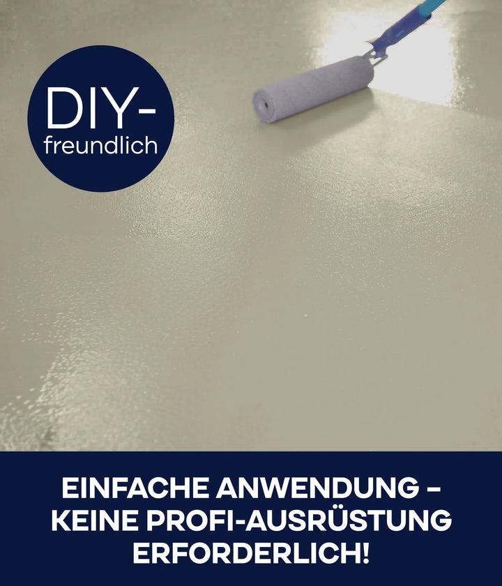 Eine Farbrolle trägt plid Garagenbodenbeschichtung Anstreichset Beton &amp; Estrich für eine glatte Oberfläche auf. Das Bild enthält deutschen Text: DIY-freundlich und einfache Anwendung - keine Profi-Ausrüstung erforderlich!.