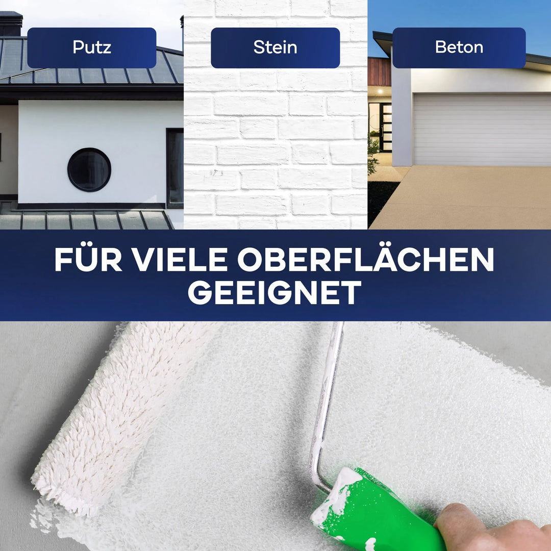 Eine Collage zeigt Oberflächen mit den Bezeichnungen Putz, Stein und Beton über "Für viele Oberflächen geeignet". Unten trägt eine Walze mit grünem Griff plid Silikon-Fassadenfarbe wasserabweisend &amp; atmungsaktiv für optimalen Wetterschutz auf.