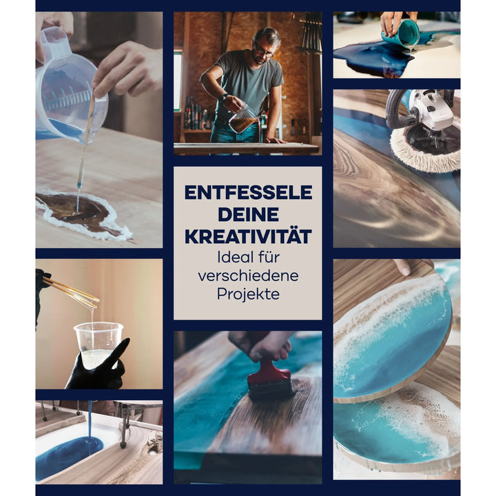 Collage zeigt Menschen, die PLID Epoxidharz mit Härter von plid auf Holz anwenden, für glasklare River Tables nutzen, blaues Harz verteilen, Tische polieren und Flüssigkeiten mischen. Entfessle deine Kreativität - ideal für diverse Projekte drinnen &amp; draußen!.