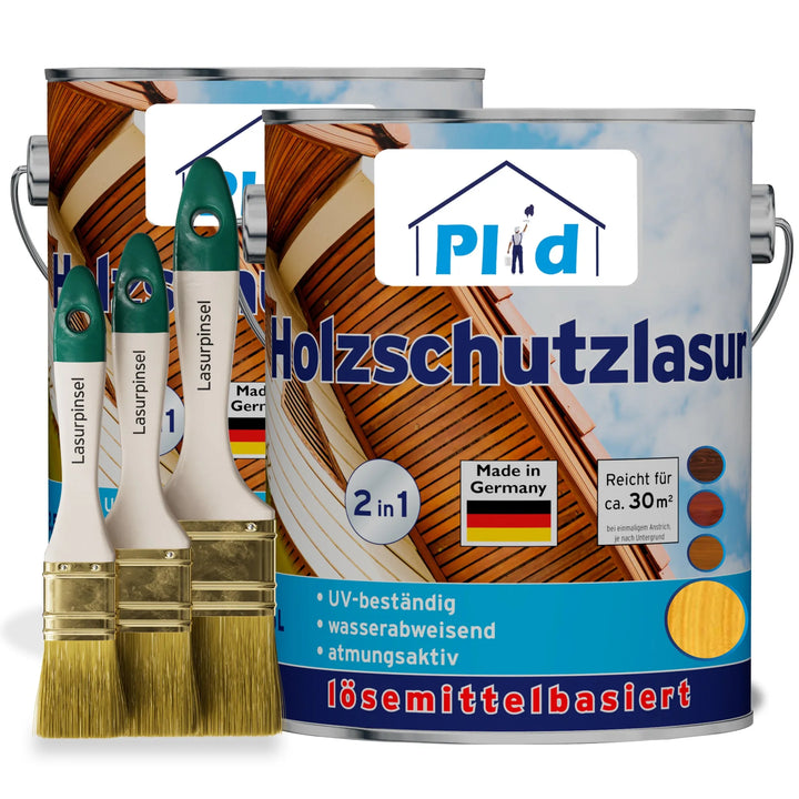 Abgebildet sind drei Pinsel und zwei große Dosen plid Holzschutzlasur - Pinselset mit Etiketten, die den UV-Schutz, die wasserabweisende Wirkung und die hochwertige deutsche Verarbeitung hervorheben - ideal für den Holzschutz im Außenbereich.