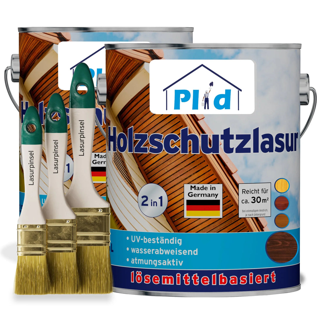 Zwei Dosen plid Holzschutzlasur - Pinselset Holzschutzmittel mit drei Pinseln auf der Vorderseite. Die Dosen zeigen eine Hausgrafik und einen deutschen Text, der Holzschutz außen, UV-Schutz, Wasserbeständigkeit und eine lösemittelhaltige Formel beschreibt.