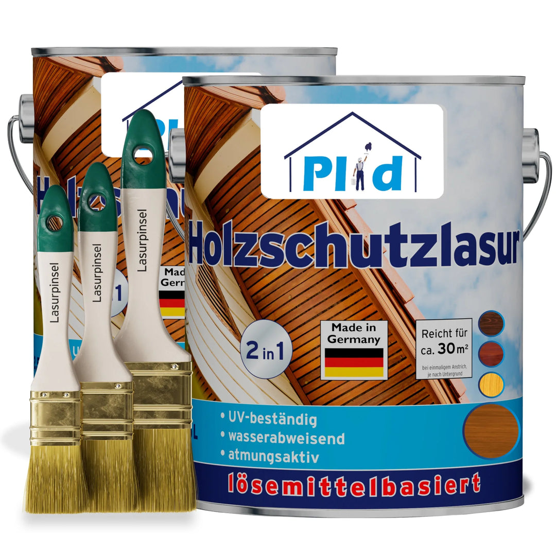 Zwei Dosen plid Holzschutzlasur - Pinselset für den Holzschutz im Außenbereich werden mit drei Pinseln gezeigt. Die Dosen sind mit deutschem Text, Holzverkleidungsbildern und UV-Schutz-Etiketten versehen und geben ihr Herkunftsland an.