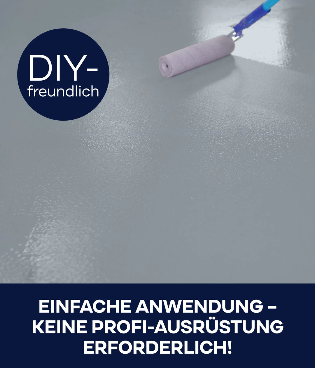 Eine Farbrolle trägt hellgraue plid Garagenbodenbeschichtung Anstreichset Beton &amp; Estrich auf eine glatte Oberfläche auf. Der Text lautet: "DIY-freundlich" und "Einfache Anwendung - keine Profi-Ausrüstung erforderlich!" auf dunkelblauem Hintergrund.