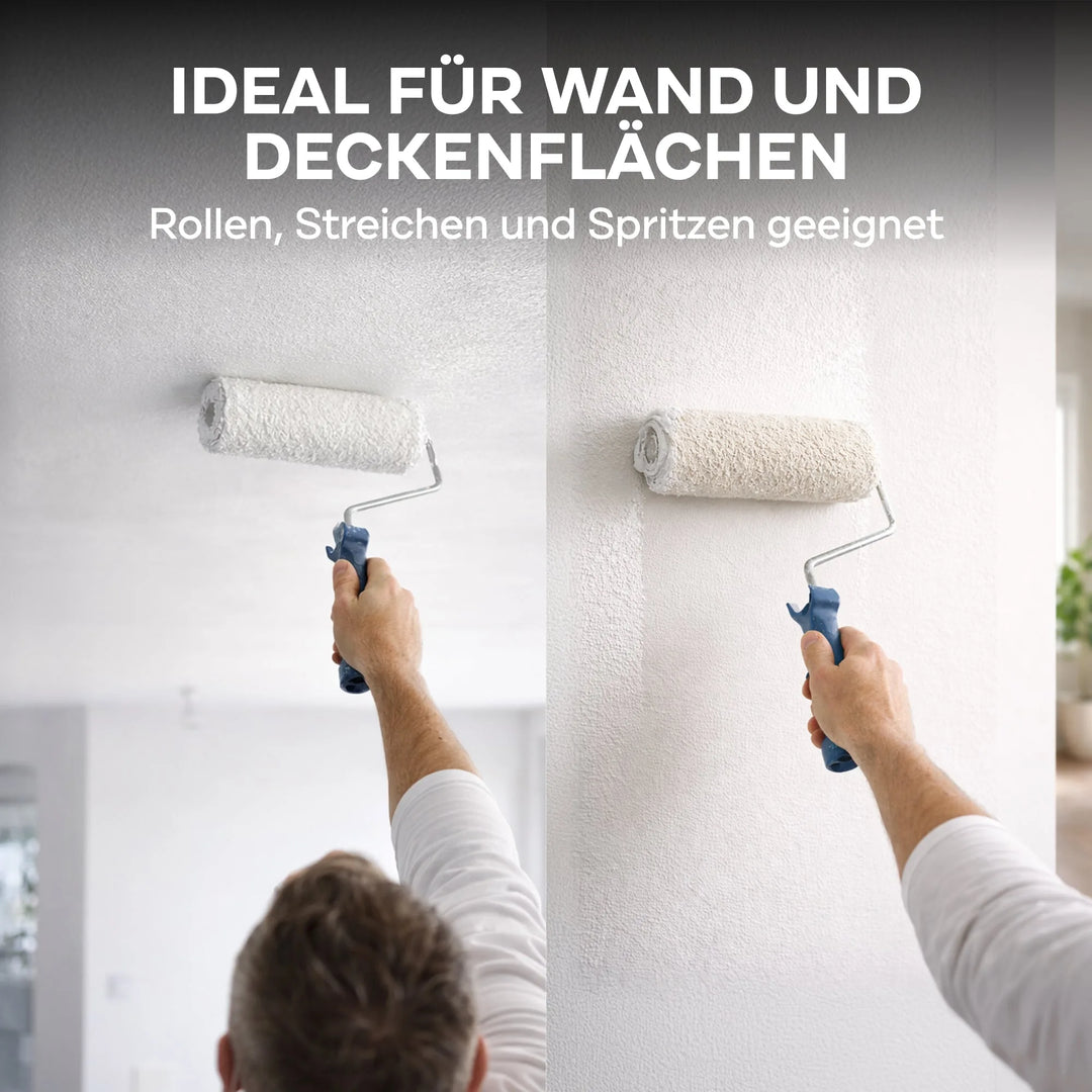 Eine Person trägt mit einer Rolle plid Latexfarbe - Anstreichset auf Wand und Decke auf. Die Innenfarbe ist robust, ideal für Wände und Decken, geeignet zum Rollen, Streichen und Sprühen.