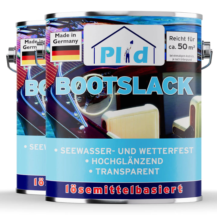 Zwei Dosen plid Plid Bootslack - wetterfest &amp; hochglänzend für Holz &amp; Außenbereich, made in Germany, mit einem Bootsinnenfoto auf dem Etikett. Der Lack ist seewasserbeständig, wetterfest, transparent und lösemittelhaltig.