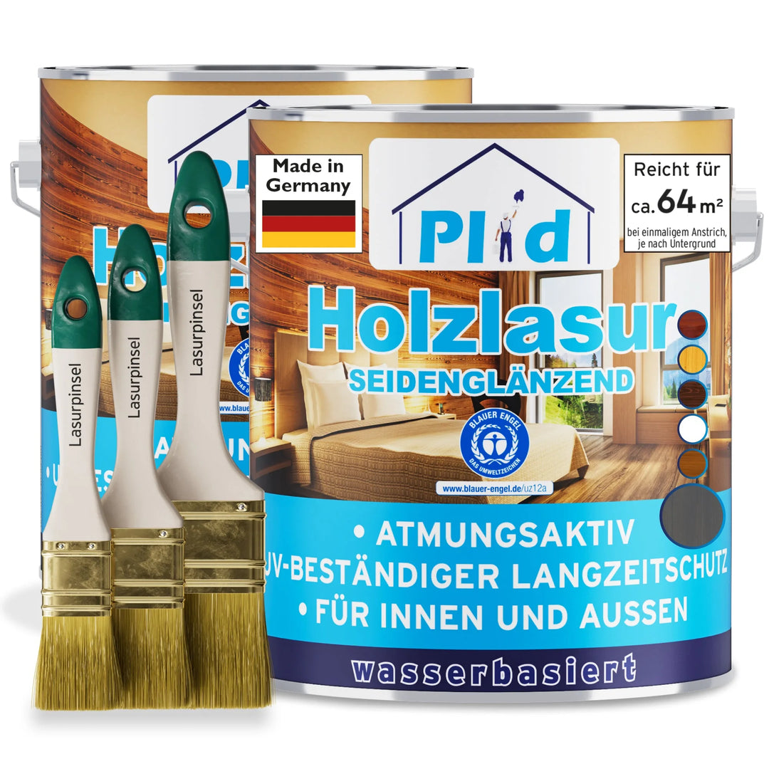 Das plid Holzlasur - Anstreichset enthält zwei Dosen mit der Aufschrift "Holzlasur Seidenglänzend" und drei Pinsel. Wetterfest, auf Wasserbasis, ideal für den Holzschutz im Innen- und Außenbereich. Made in Germany mit Produktinformation in Deutsch.