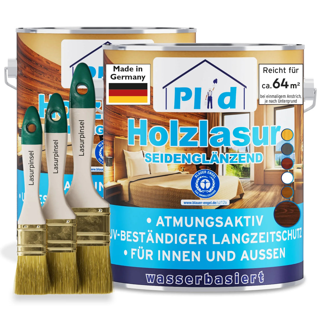 Zwei plid Holzlasur - Anstreichset Farbdosen mit Wohnzimmermotiv, drei Pinsel, und Eigenschaften in Deutsch: wetterfest, UV-beständig, für innen und außen, Holzschutz, Made in Germany.