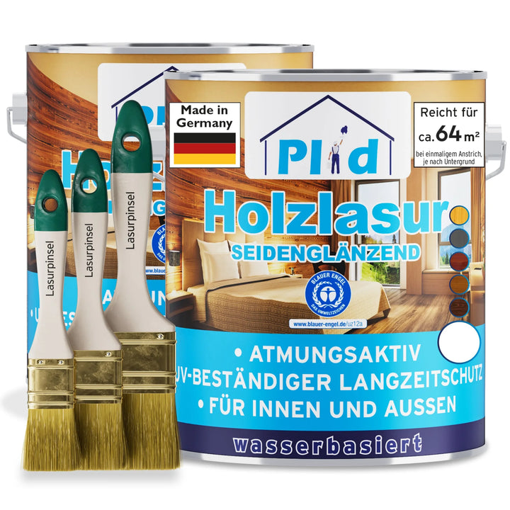Zwei Dosen plid Holzlasur - Anstreichset mit drei Pinseln im Vordergrund. Die deutschen Etiketten betonen den UV-Schutz, die wasserbasierte Formel und die witterungsbeständige Holzpflege für dauerhafte, schöne Anstriche.