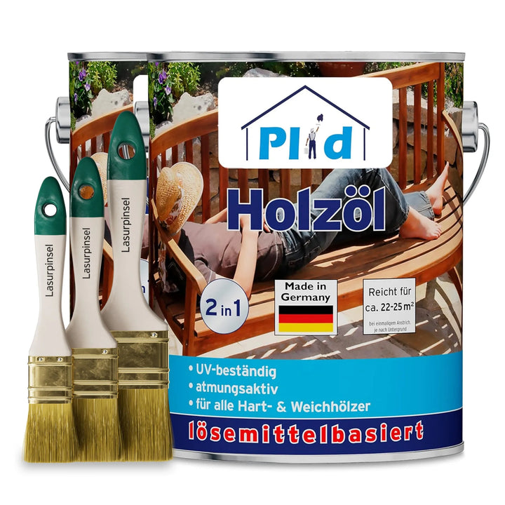 Eine Dose plid Holzöl - Anstreichset mit dem Foto einer Frau, die sich auf einer Bank ausruht, drei Pinseln und einem deutschen Text, der UV-Schutz, Atmungsaktivität und Pflege für Gartenmöbel aus Hart- und Weichholz beschreibt.