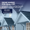 Mehrere blaue Holzhaus-Fassaden mit Spitzdach. Der deutsche Text hebt plid Wetterschutz Holzfarbe hervor: deckend & wetterfest für innen & außen, Markenqualität, Vertrauen und über 100.000 zufriedene Kunden.