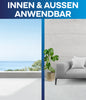 Geteiltes Bild: links-Außenterrasse mit Meerblick; rechts-modernes Wohnzimmer mit grauem Sofa, grüner Pflanze. Oben: INNEN & AUSSEN ANWENDBAR - Betonfarbe - Anstreichset von plid, ideal für Betonbeschichtung und Garagenboden.