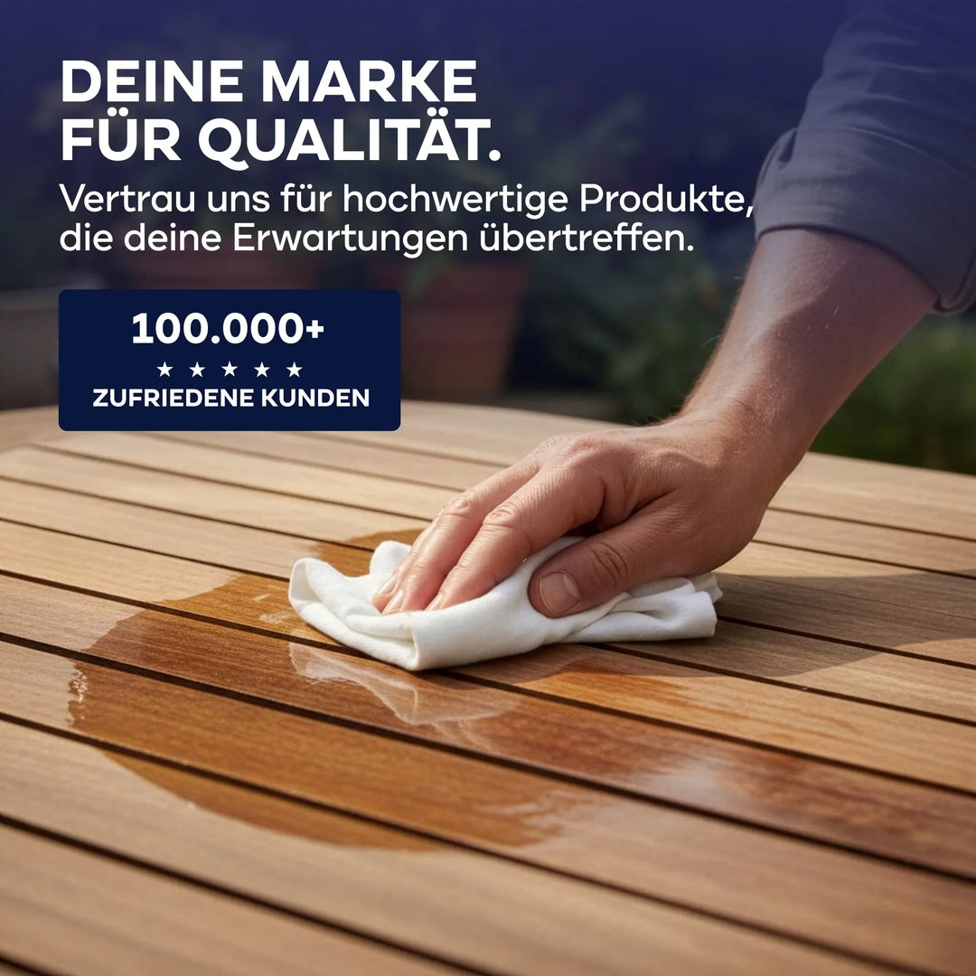 Eine Hand wischt mit einem weißen Tuch über eine polierte Holzoberfläche. Der Text wirbt für plid Holzöl natürlich &amp; pflegend für Holz innen &amp; außen und verweist auf über 100.000 zufriedene Kunden und das Vertrauen in Gartenmöbel Pflege und hochwertige Produkte.
