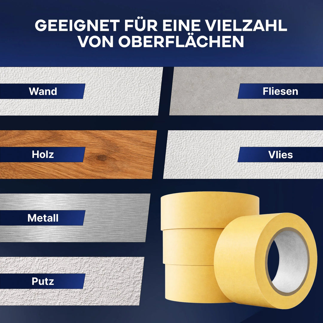 Abbildung: Plid Goldband Malerkrepp von PLID Shop für exakte Farbkanten auf Wand, Fliesen, Holz, Vlies, Metall &amp; Putz. Perfekt geeignet für verschiedene Oberflächen - garantiert saubere Linien beim Streichen.