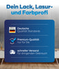 Eine Grafik mit dem Titel Dein Lack, Lasur- und Farbprofi unterstreicht deutsche Qualitätsstandards, plid Betonfarbe für Böden & Wände - abriebfest & wetterbeständig - und schnellen Versand mit einer Flagge, einer Plakette und einem LKW-Symbol.