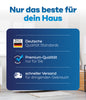 Blaue Grafik mit weißem deutschen Text: Nur das Beste für dein Haus. Darunter heben drei Icons hervor: plid Latexfarbe scheuerbeständig & hochdeckend innen, deutsche Qualitätsstandards und schneller Versand für dringende Bedürfnisse.