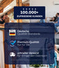 Eine Werbegrafik zeigt glückliche Paare zu Hause, mit plid Anti-Schimmel Renovierfarbe Langzeit-Filmschutz, 100.000+ zufriedene Kunden, Deutsche Qualität, Schimmelschutz, schnelle Lieferung und Icons für Zuverlässigkeit & Service.
