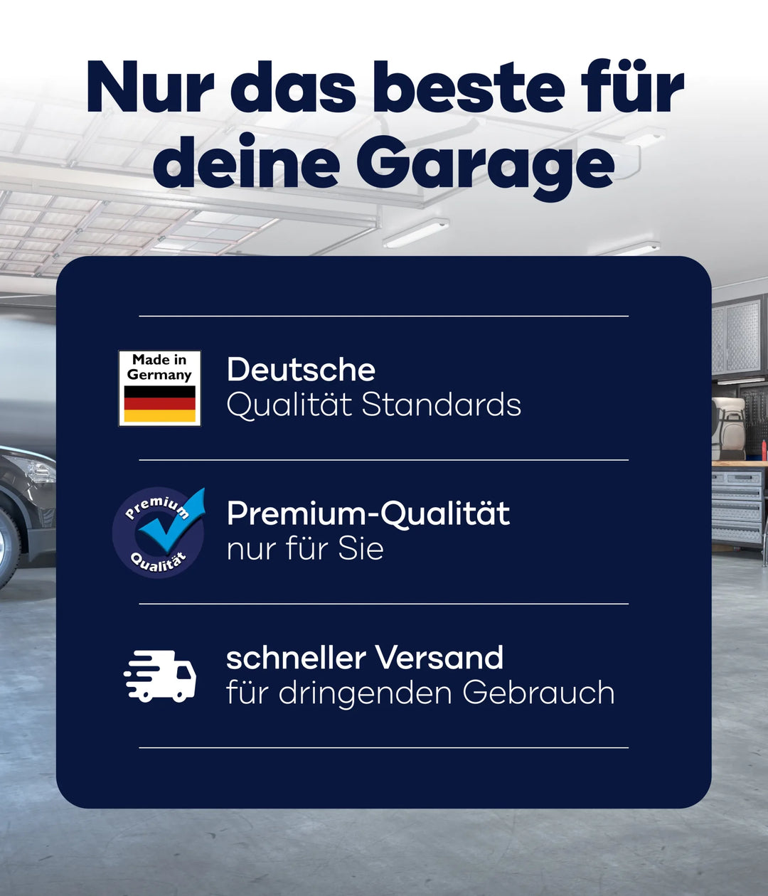 Infografik mit dem Text "Nur das Beste für deine Garage" und drei Punkten: Deutsche plid-Qualität, Premium-Garagenbodenbeschichtung Anstreichset Beton &amp; Estrich, schneller Versand - vor Garagenkulisse.