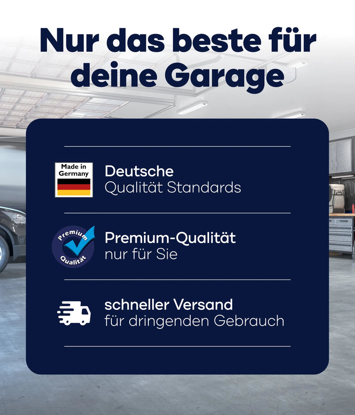 Infografik mit dem Text "Nur das Beste für deine Garage" und drei Punkten: Deutsche plid-Qualität, Premium-Garagenbodenbeschichtung Anstreichset Beton &amp; Estrich, schneller Versand - vor Garagenkulisse.