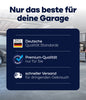 Eine Grafik mit dem Titel "Nur das Beste für deine Garage." präsentiert plid Garagenbodenbeschichtung Anstreichset Beton & Estrich - Premium-Qualität nach deutschen Standards und schnelle Lieferung. Im Hintergrund: moderne Garage mit robustem Boden.