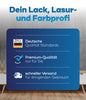 Blaue Grafik mit deutschem Text: Dein Lack-, Lasur- und Farbprofi. Drei Boxen: Deutsche Qualitätsstandards (mit Flagge), Premium-Qualität nur für Sie, schneller Versand - perfekt für plid Betonfarbe - Anstreichset bei Garagenboden-Projekten.