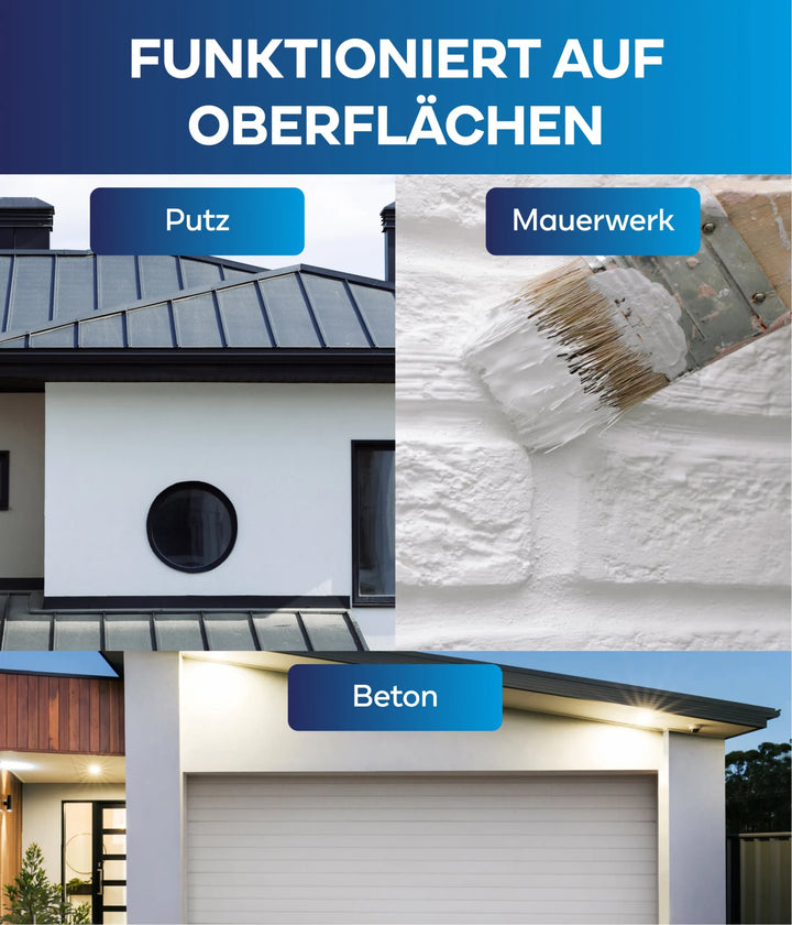 Eine deutsche Grafik zeigt Oberflächen für plid Silikon Fassadenfarbe Anstreichset: Putz, Mauerwerk (mit einem Pinsel auf einer weißen Wand) und Beton (mit modernen Fassaden).