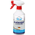 Eine weiße Plid-Sprühflasche mit der Aufschrift "Plid Anlauger - reinigt & entfettet Holz, Metall & Zink" und einer roten Düse. Blauer Text weist auf die wasserbasierte Formel als idealen Entfetter hin. Das Etikett zeigt einen Heizkörper und eine Made in Germany-Flagge.