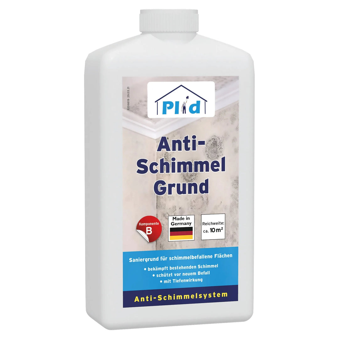 Eine weiße Plid-Flasche aus Kunststoff mit der Aufschrift "Plid Anti-Schimmelgrund - tiefenwirksam & haftstark für Wände & Decken", mit blau-weißem Design, Hauslogo und Symbolen, die zeigen, dass es schimmelbefallene Flächen behandelt und bis zu 10 m² abdeckt.