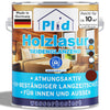 Eine Dose plid Plid Holzlasur für innen & außen - wetterfest & atmungsaktiv steht in einem holzvertäfelten Wohnzimmer. Das Design ist in Blau, Braun und Weiß gehalten. Sie wird in Deutschland hergestellt und bietet UV-Schutz und Atmungsaktivität für den Innen- und Außenbereich.
