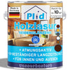 Eine Farbdose mit der Aufschrift "plid Holzlasur für innen & außen - wetterfest & atmungsaktiv" zeigt Anwendungshinweise, die deutsche Flagge und Holzmotive. Hervorzuheben ist der "UV-beständiger Langzeitschutz" für einen lang anhaltenden Schutz im Innen- und Außenbereich.