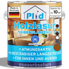 Eine Dose plid Holzlasur für innen & außen mit deutschem Text, blau/weißem Etikett und Farbmustern. Diese wasserbasierte, UV-beständige, halbglänzende Holzlasur ist wetterfest, atmungsaktiv und deckt 10 m² pro Anstrich - made in Germany.