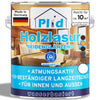 Eine Dose plid Plid Holzlasur für innen & außen - wetterfest & atmungsaktiv zeigt ein Wohnzimmer, verschiedene Holztöne und einen deutschen Text, der den Holzschutz, die UV-Beständigkeit und die Verwendung im Innen- und Außenbereich betont. Made in Germany" ist angegeben.