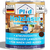 Eine Plid Holzlasur für innen & außen Farbdose von plid, mit einem Wohnzimmer- und Holzinnenbild. Highlights: Holzschutz, UV-Schutz, atmungsaktiv, wetterfest, wasserbasierte Formel, 32m² Deckkraft.