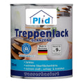 Eine Dose plid Plid Treppenlack - strapazierfähig & schnell trocknend, ein wasserbasierter, farbloser deutscher Treppenlack mit hoher Strapazierfähigkeit und rutschhemmenden Eigenschaften, deckt 9 m² ab und steht vor schlanken modernen Holztreppen.