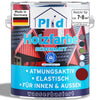 Eine Dose plid Wetterschutz Holzfarbe-deckend & wetterfest für innen & außen, made in Germany mit einem blauen Etikett mit rotem Haus. Die wasserbasierte, atmungsaktive Farbe ist elastisch, bietet Langzeitschutz und deckt 7-8 m².