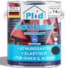 Eine Dose plid Plid Wetterschutz Holzfarbe - deckend & wetterfest für innen & außen zeigt rote Holzhäuser, Farbmuster und Symbole für Atmungsaktivität, Elastizität und Allwettereinsatz. Made in Germany; wasserbasiert; bietet langfristigen Schutz.
