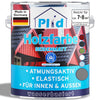Eine Farbdose mit der Aufschrift Plid Wetterschutz Holzfarbe - deckend & wetterfest für innen & außen von plid, mit einem roten Holzhaus und der Aufschrift wetterfest, Made in Germany, 7-8 m², atmungsaktiv, elastisch und wasserbasiert.