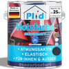 Abgebildet ist eine Dose plid Wetterschutz Holzfarbe - deckend & wetterfest für innen & außen, dahinter ein rotes Haus mit Dach. Das Etikett hebt Seidenmatt-Ausrüstung, Atmungsaktivität, Elastizität, Langzeitschutz hervor. Deutschlandflagge und Umweltzeichen vorhanden.